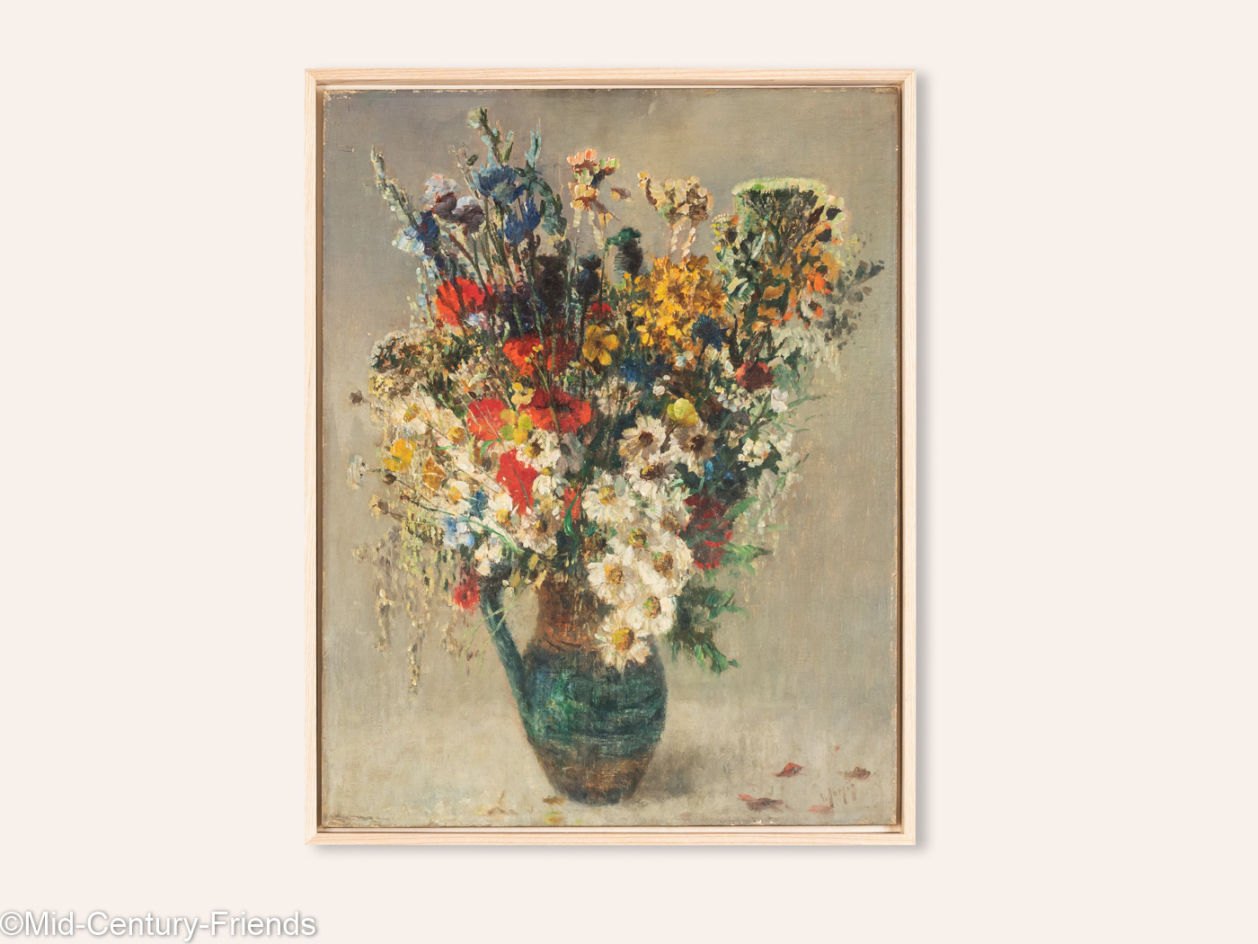 Bunter Art Déco Blumenstrauß, Öl auf Platte, 53 x 68 cm