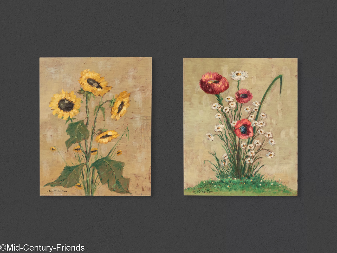 Mohn und Sonnenblumen (Set), Öl auf Platte, 32 x 40 cm
